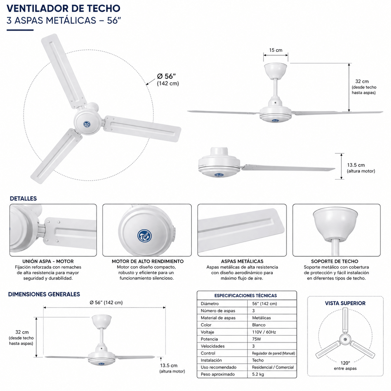 VENTILADOR DE TECHO INDUSTRIAL 56” – 3 ASPAS METÁLICAS