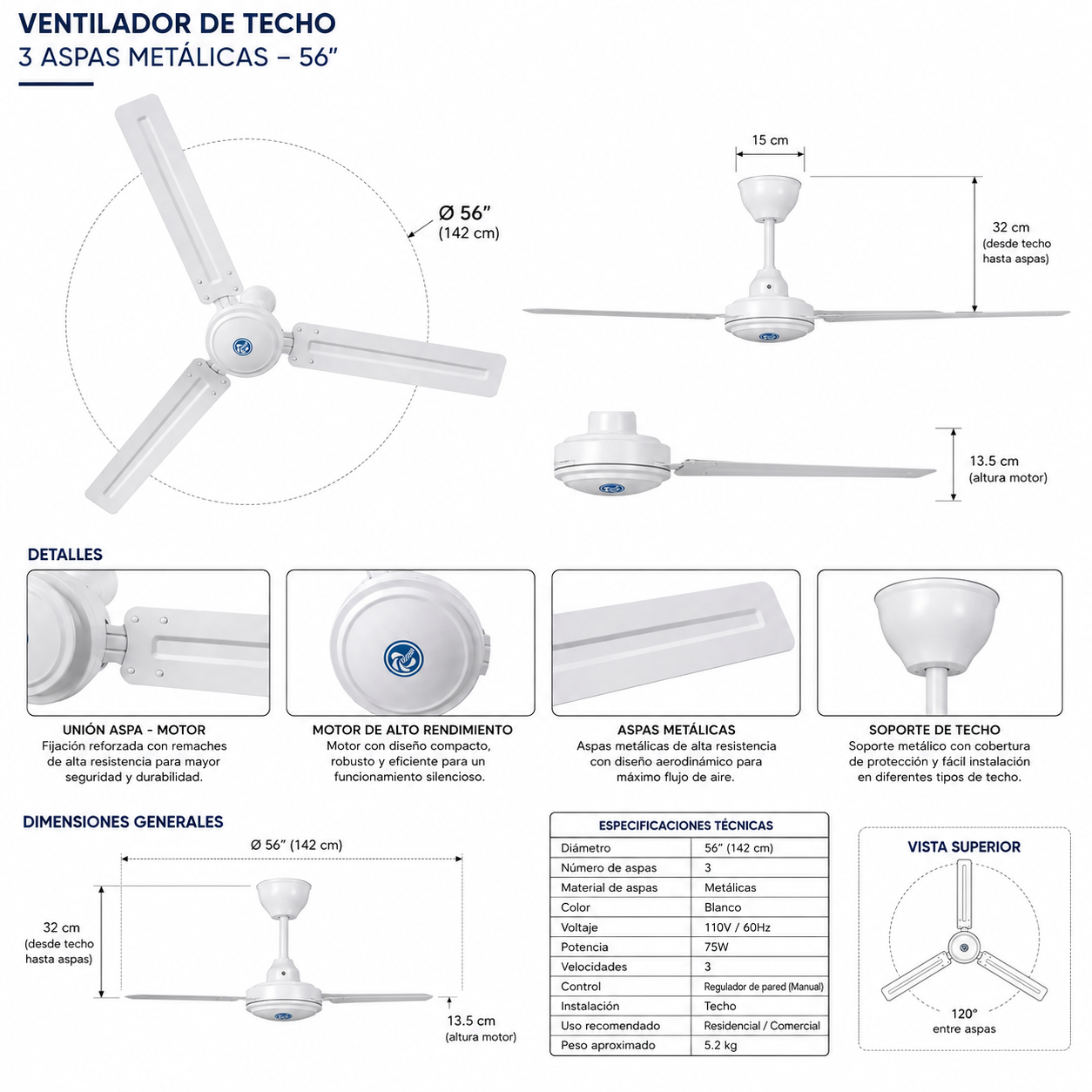 VENTILADOR DE TECHO INDUSTRIAL 56” – 3 ASPAS METÁLICAS-1