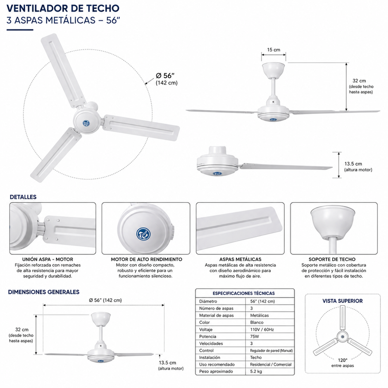 VENTILADOR DE TECHO INDUSTRIAL 56” – 3 ASPAS METÁLICAS-1